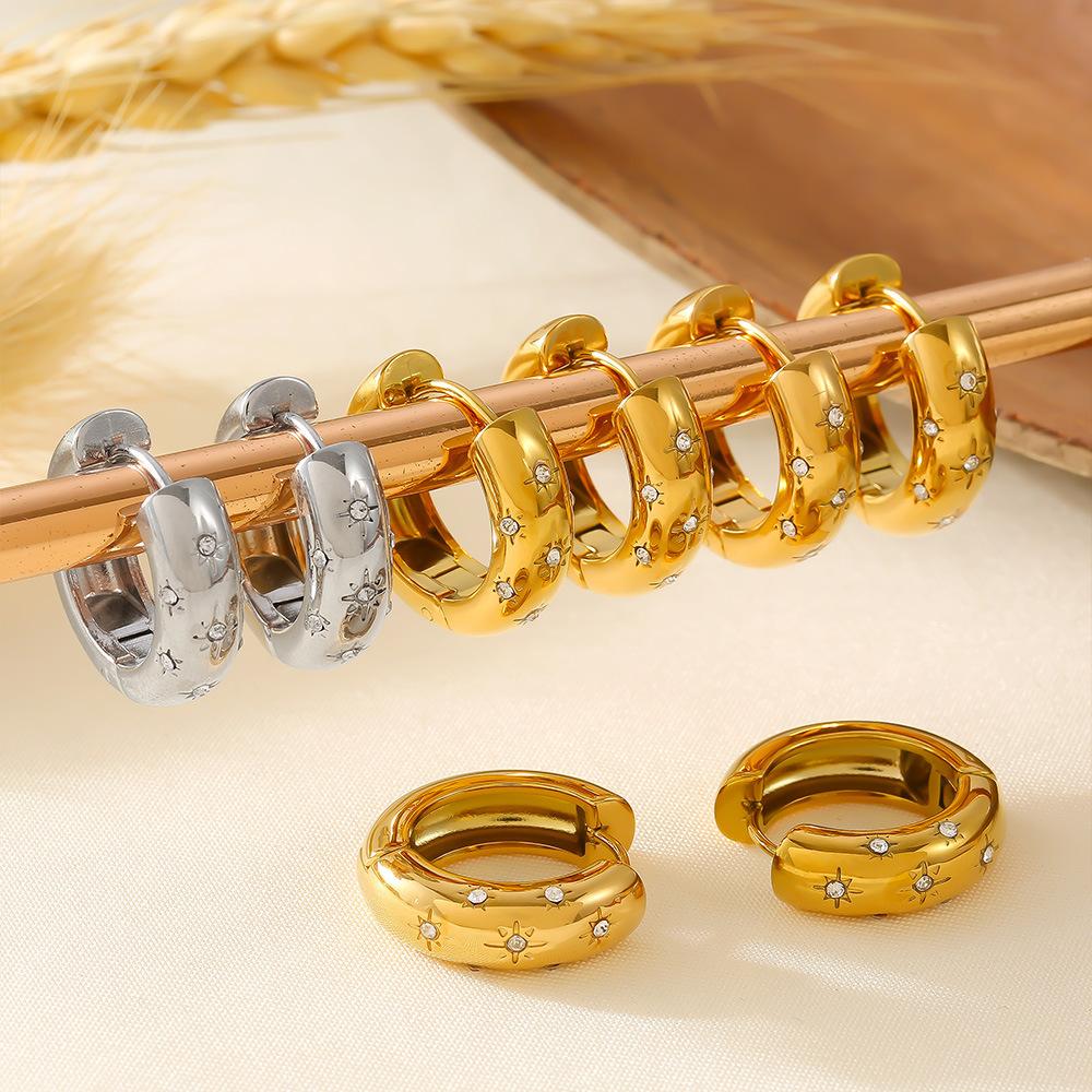French Retro Temperament Micro-diamond Set Round Octagram Titanium Steel Ear Ring Across 18K Real Gold Plain Ring Ear Buckle 2026