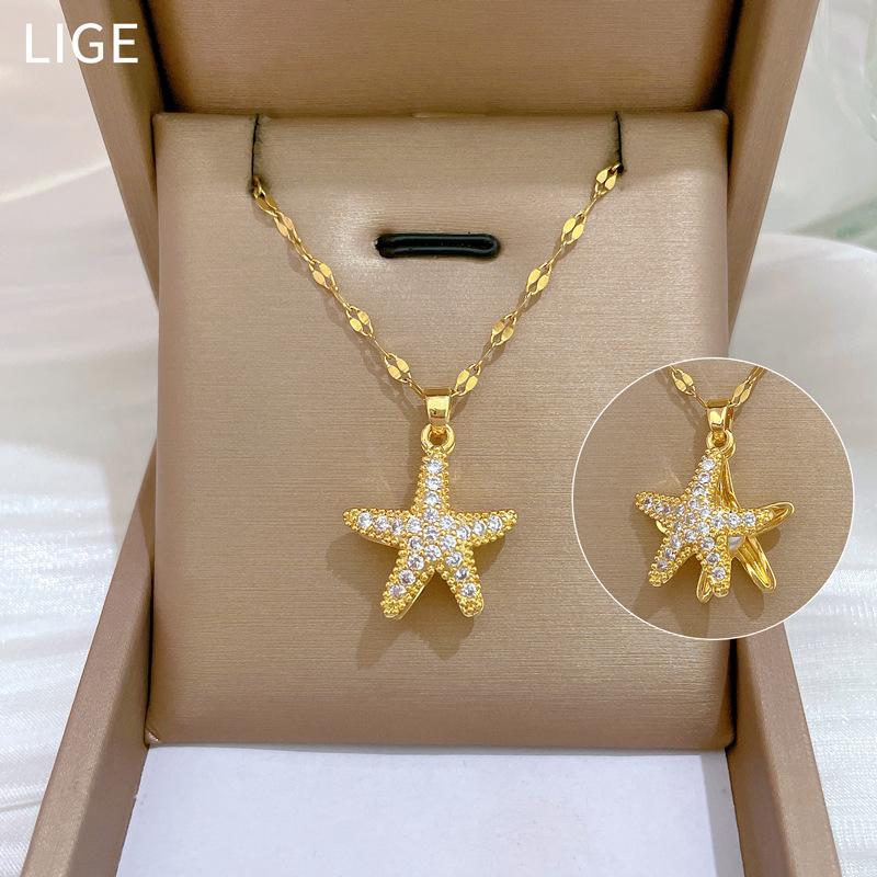 Sea Star Pearl Light Luxury Temperament Gorgeous Full Diamond Necklace Female Versatile Collarbone Chain Titanium Steel Chain
