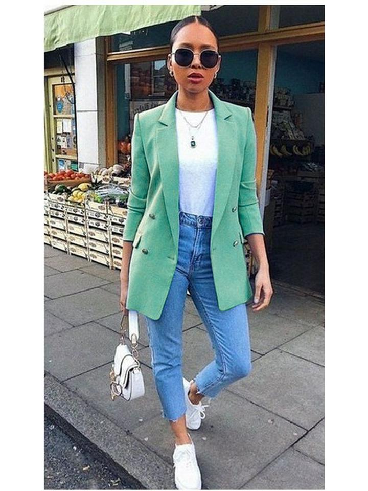 European & American Fashion Lapel Cardigan Mid-length Temperament Suit Jacket for Women