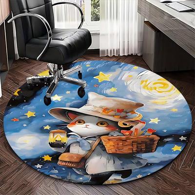 1pc Anime Cat Design Round Carpet Office Chair Mat, Non Slip Rug for Home Decor, All Seasons