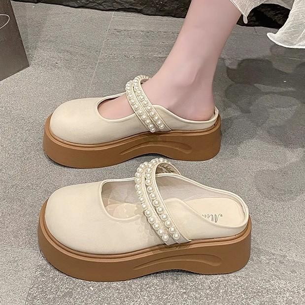 2025 Summer New Women's Shoes Muffin Platform Mary Jane Shoes Pearl Bag Head Slippers Casual Versatile Half Drag 2025