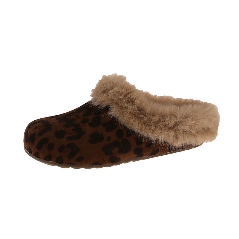 2025 Autumn and Winter New Outer Wear Bag Head Fluffy Slippers Women's Round Head Flat Bottom Half Slippers Plush Fluffy Women's Shoes