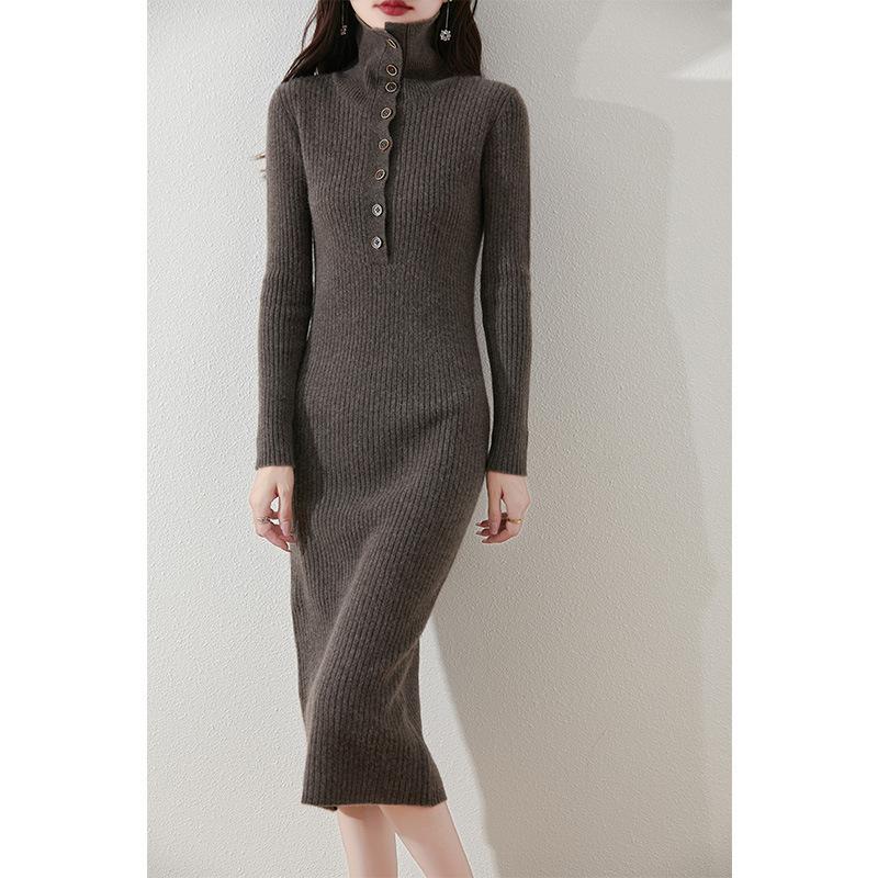 Elegant stacked collar knitted primer dress for women's autumn and winter new long over-the-knee sweater skirt for women