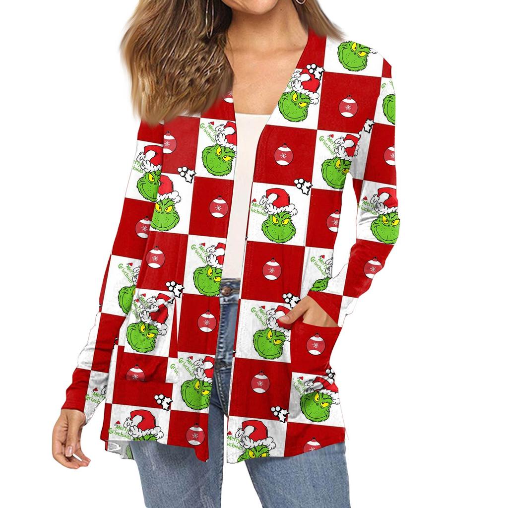 Women's Fashion Christmas Print Long-Sleeved Pocketed Slim-Fit Cardigan Coat