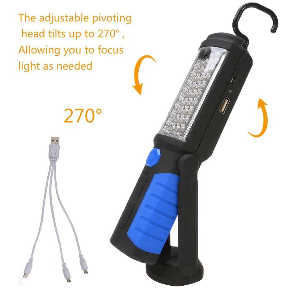 USB Rechargeable COB LED Flashlight Portable Work Light Magnetic Hook Torch Camping Lamp with Built-in Battery Car Repair Lamp