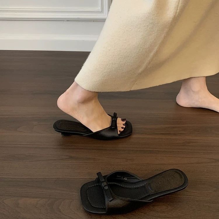 Temperament satin square head with wedge heel sandals women's summer new bow open-toed sandals