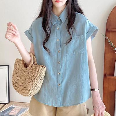 Denim Short Sleeved Shirts Women's Solid Color Simple Sweet Pocket Blouse Japanese Retro Ladies Loose Casual Tops