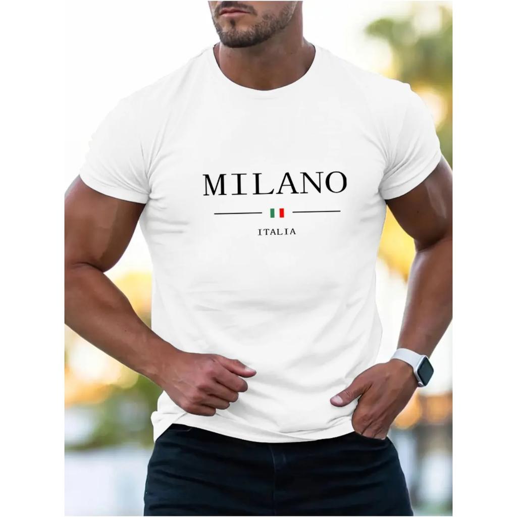 Summer Men's 100% Cotton Casual Sports Loose Italy MILANO Pattern Print Comfortable Round Neck Short Sleeved Men's T-shirts