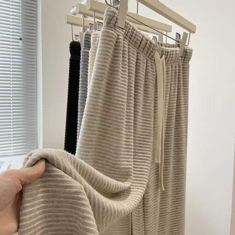 Autumn Winter New Wide Leg Pants Women High End Knit Stripe Loose Slim Drape Lazy Style Floor Length Long Pants