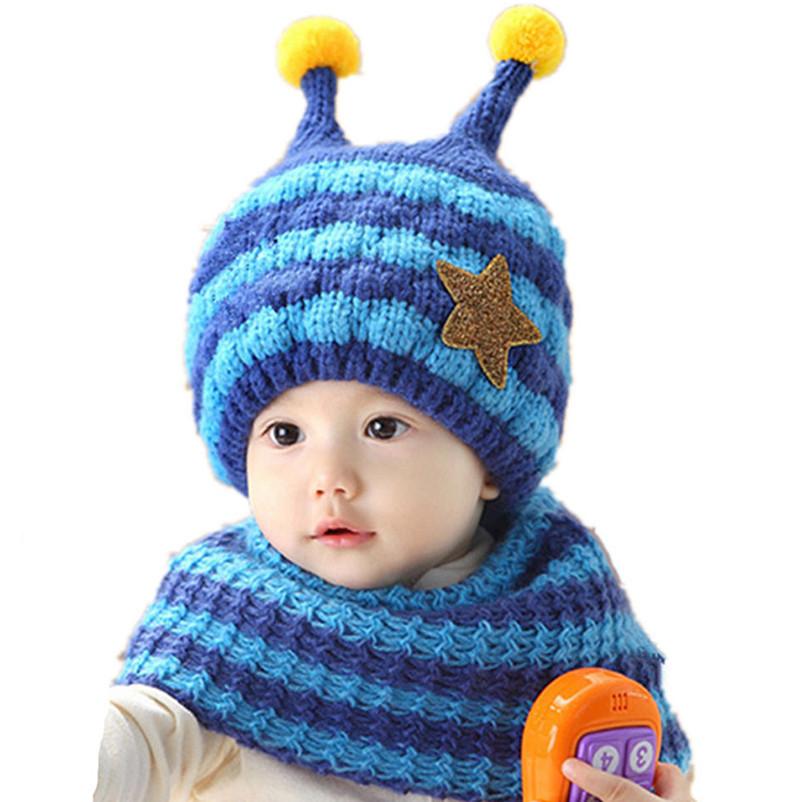 Winter Kids Hat With Plush Ear Protection Big Five-pointed Star Hat Scarf Set Striped Woolen Material Blue Yellow Orange Red Pink