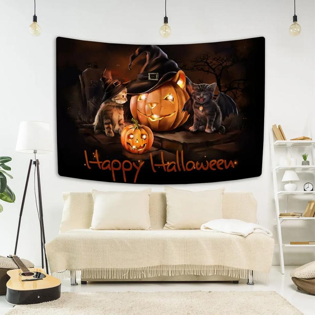 Happy Halloween Decorative Tapestry Bat Pumpkin Print Wall Hanging Carpet Party Background Fabric Home Room Decoration