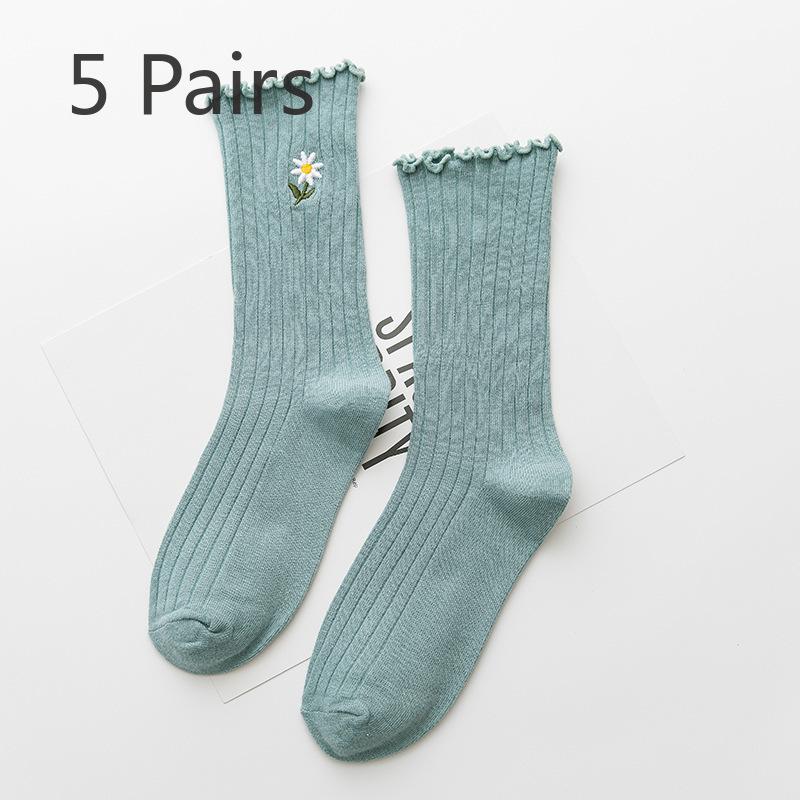 5 Pairs of Female Spring and Summer New Solid Color Wooden Ear Embroidery Roll Edge In The Tube Pile Socks