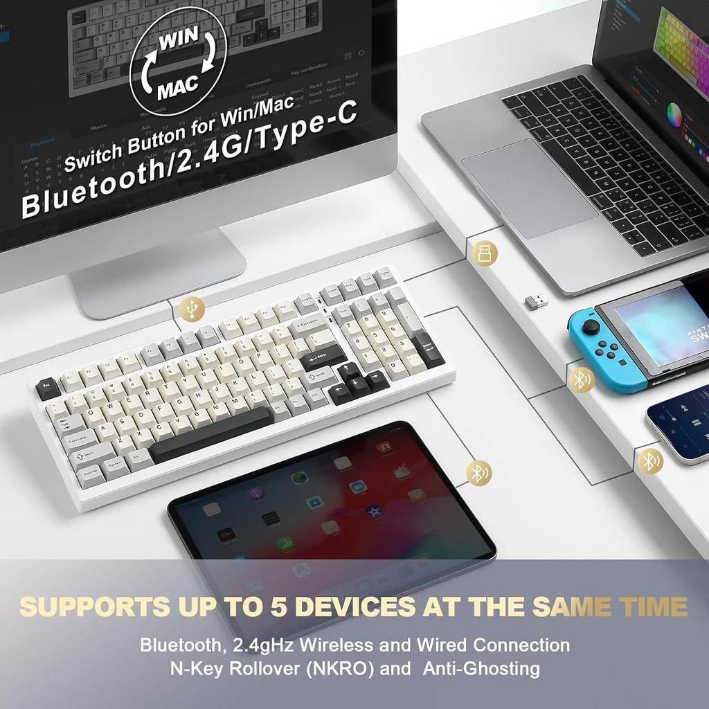 YUNZII YZ98 Mechanical Keyboard with Wireless Gaming NKRO 1800 for Technical Standards Certification 99-Key Gasket, Hot-Swappable, BT5.0/2.4G/USB-C