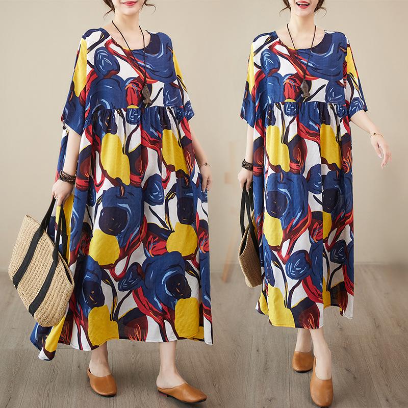 Simple Literary Rustic Style Small Fresh Summer New Loose Thin Abstract Print Short-sleeved Dress Female