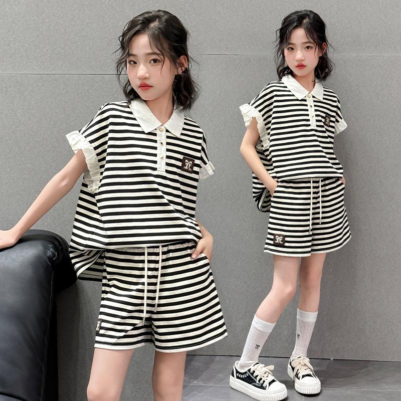 Girls' Trendy Striped POLO Shirt & Shorts Set - Casual Summer Style
