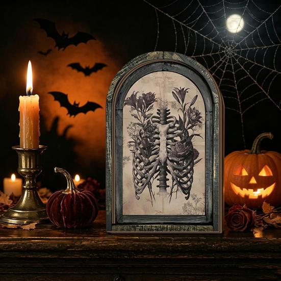 Dark Floral Halloween Art Arched Wooden Wall Decor, Ghost Cat Double-Layer Hanging Ornament, Distressed Gothic Medieval Window Style Decor Tabletop