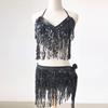 Belly Dancer Outfit Sequin Tassel Bra Top with Fringe Hip Scarf Set Sparkling Rave Party Costume for Women Girls