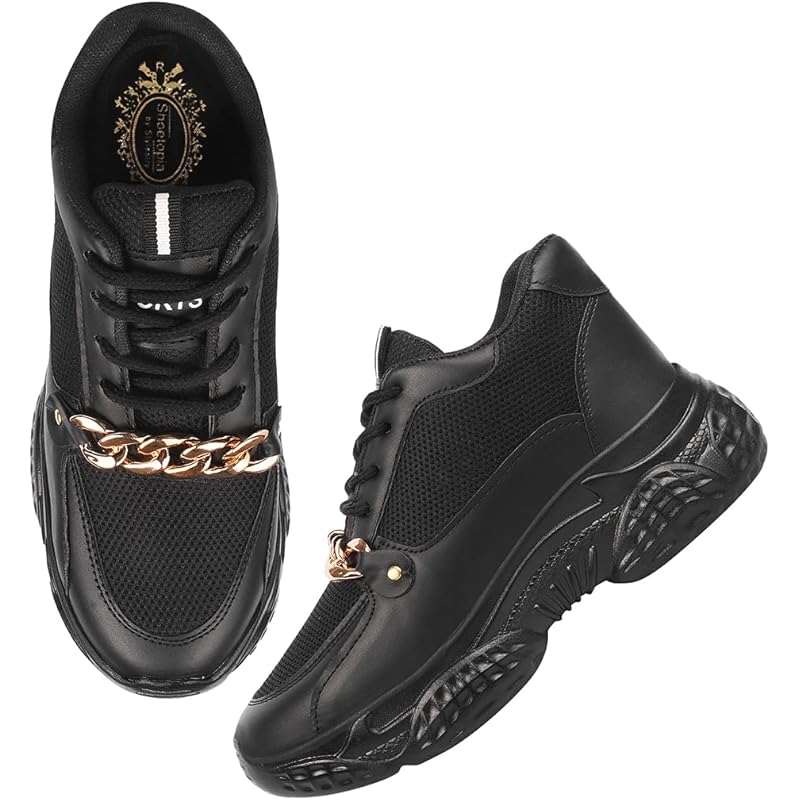 Shoetopia Chain Detailed Black Sneakers For Women & Girls-Eu40