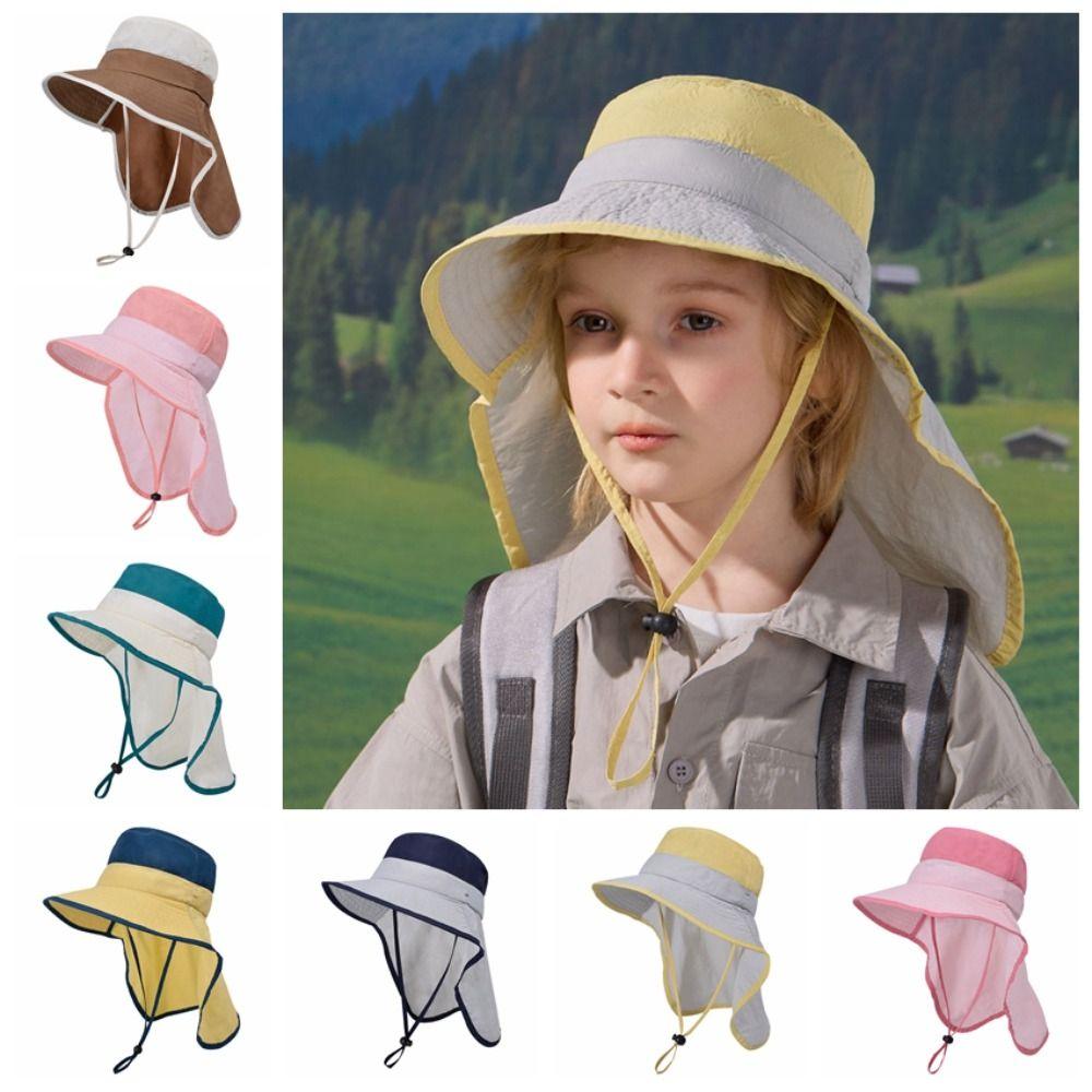 UV Protection Children Shawl Sun Hat Solid color Sunscreen Bucket Hat Kids Beach Cap  Outdoor