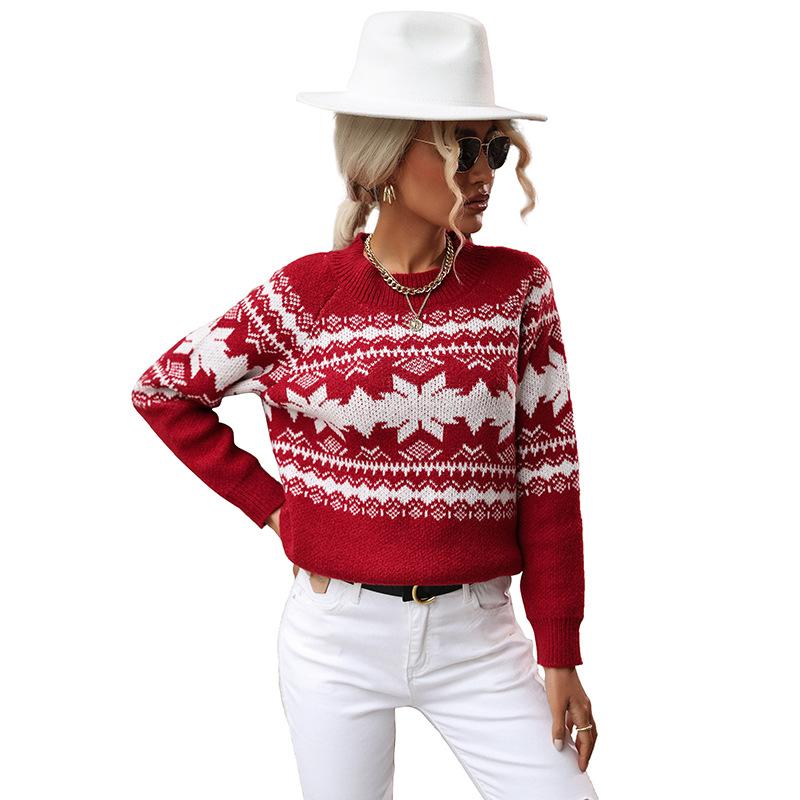 Vintage Fashion Elegant Casual Autumn and Winter Women's Trend Round Neck Red Knitted Christmas Snowflake Sweater
