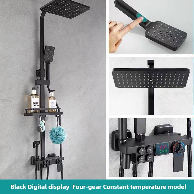 Household Bathroom Thermostatic Rain Shower Black Digital Display Pressurized Shower Head Button Showerhead Set