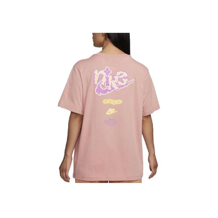 Nike Sportswear Logo Print Ribbed Crew Neck Sports Short Sleeve T-Shirt Women T-Shirt Pink FD2550-618