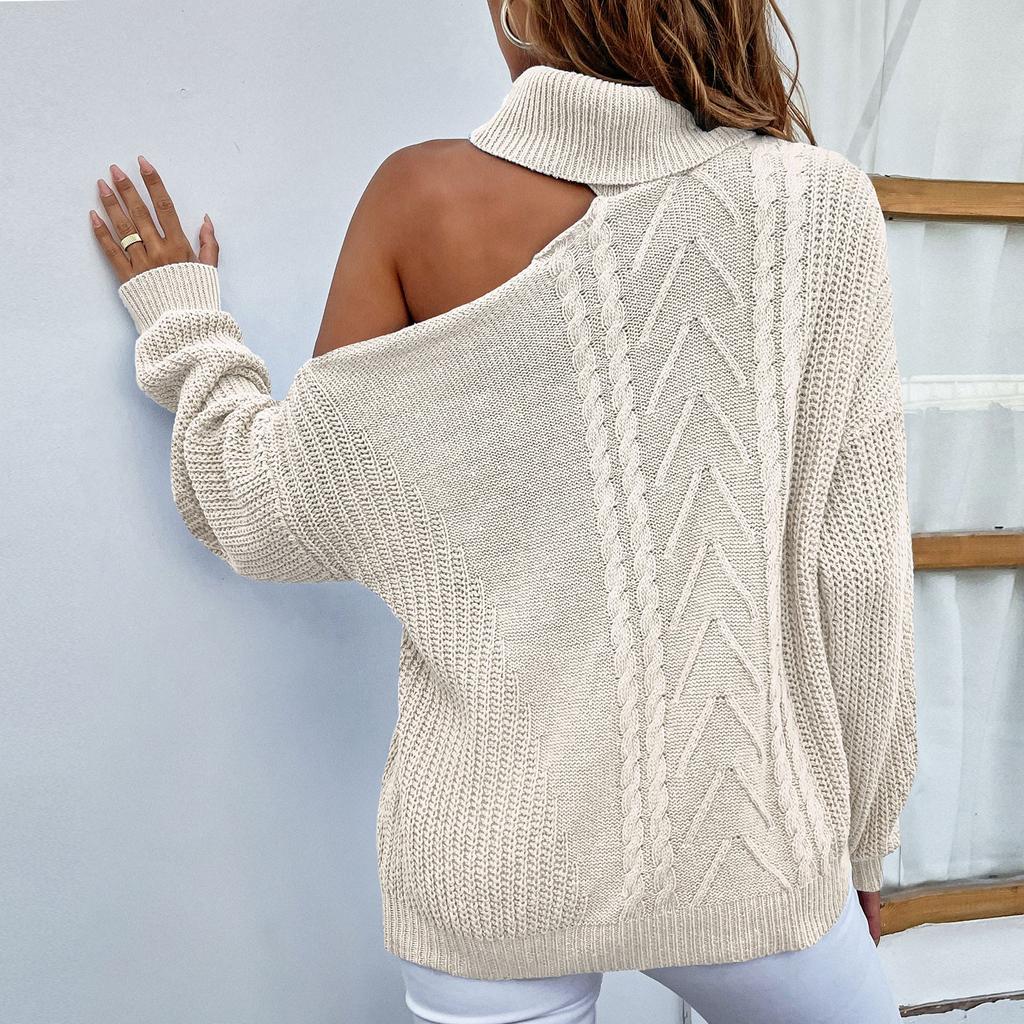 Women's And Winter Sexy Lapel Leaky Shoulder Color Pullover Knit Sweater