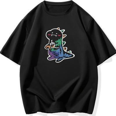 Summer Men's Cute Little Dinosaur Printed Short-sleeved T-shirt, High-quality Casual Wear, Versatile and Trendy Top