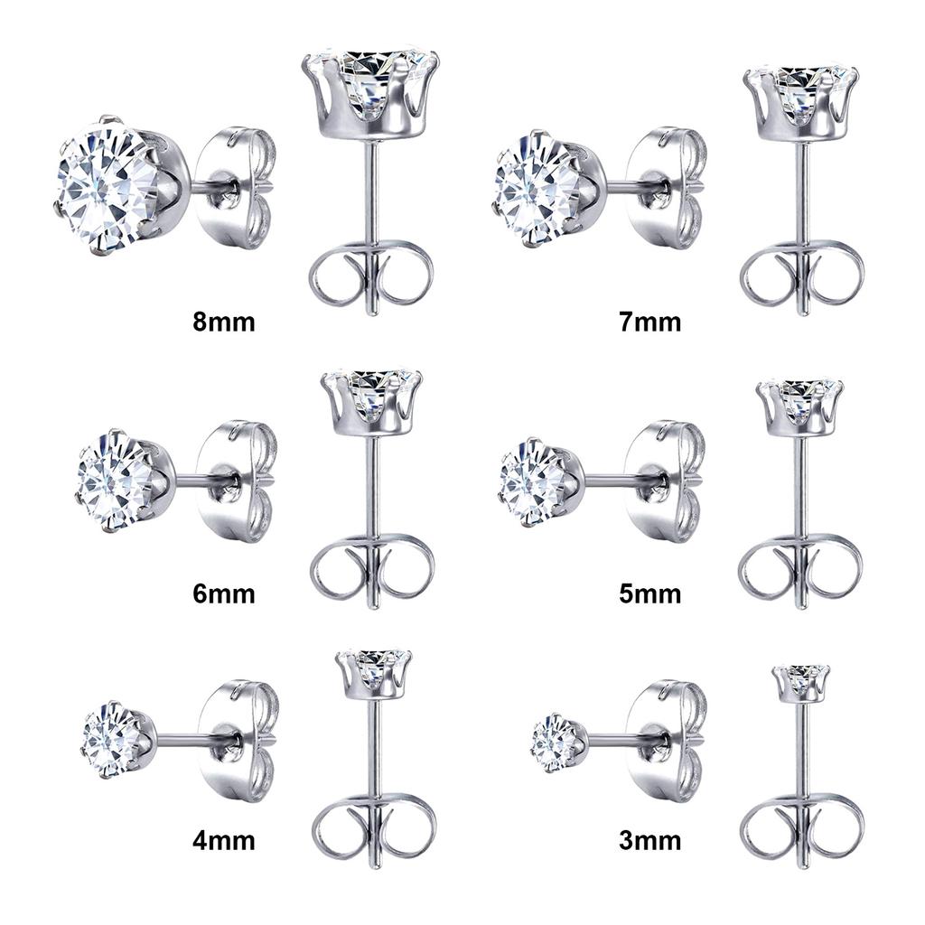 6Pairs/Set CZ Stud Earrings Stainless Steel Round White Cubic Zirconia Hypoallergenic 6 Claws Earring Trendy Jewelry