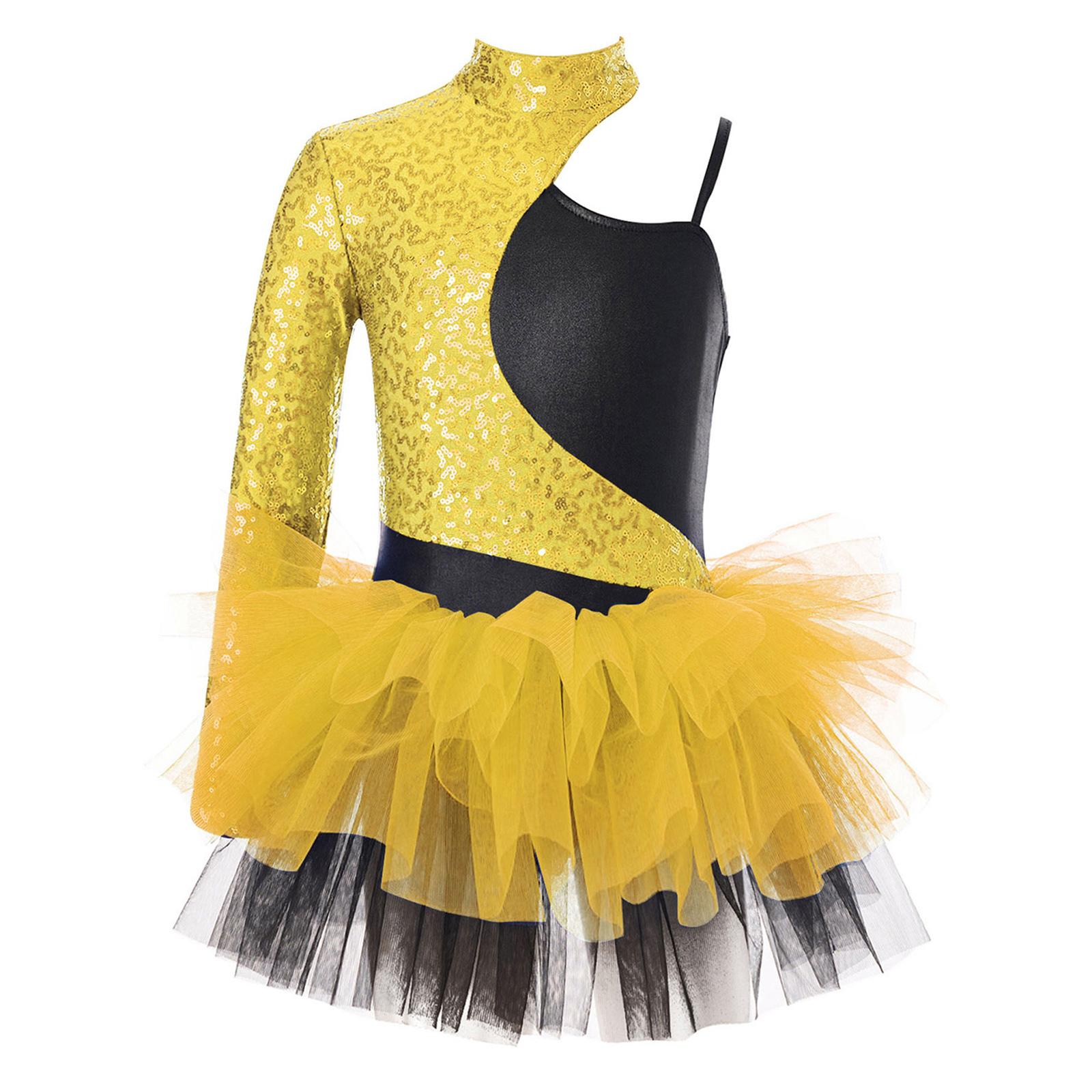 Abito da Ballo da Ragazza con Paillettes Lucenti Maniche Asimmetriche Gonna in Tulle a Contrasto Body Costume da Esibizione 13-14 Years oro