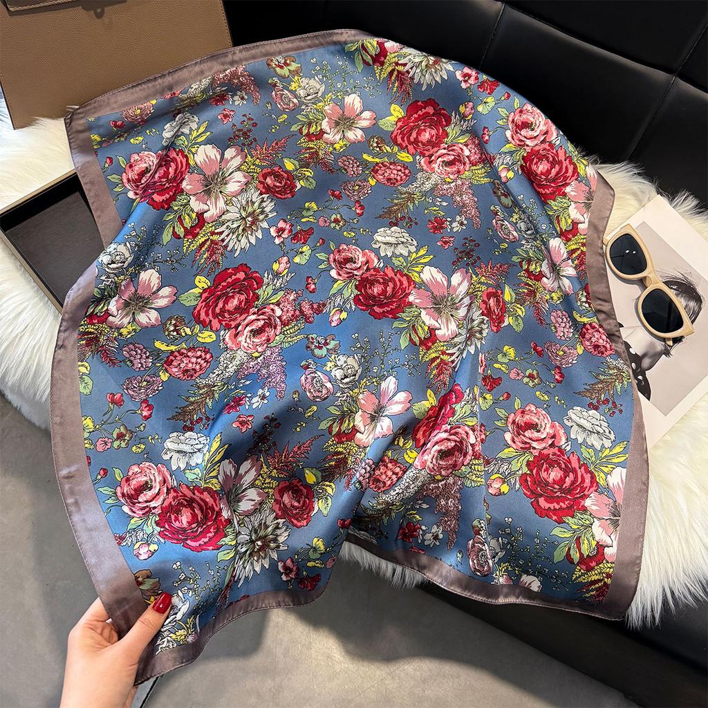 Four Seasons NEW Floral Square Scarf Women Satin Shawl Wrap Hijab Female Hair Luxury Headkerchief Beach Sun Protection Bandana