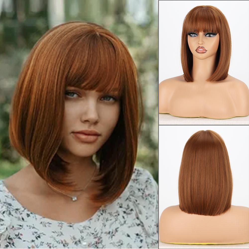 MISS WIG Damskie krótkie proste fioletowe peruki Bob do ramion z grzywką syntetyczne włókno naturalne proste peruki Bob Cosplay
