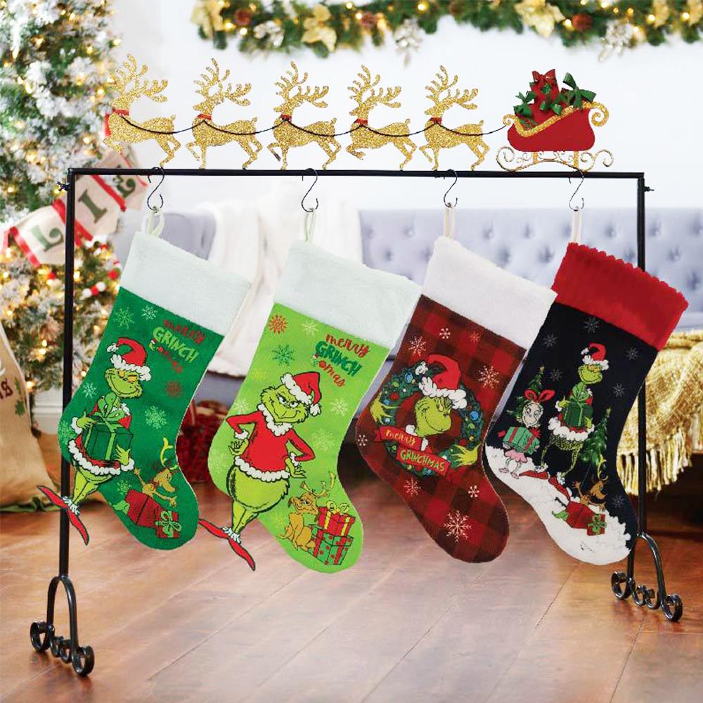 4pcs Grinch Christmas Stockings for Xmas  Fireplace Xmas Tree Hanging Decor