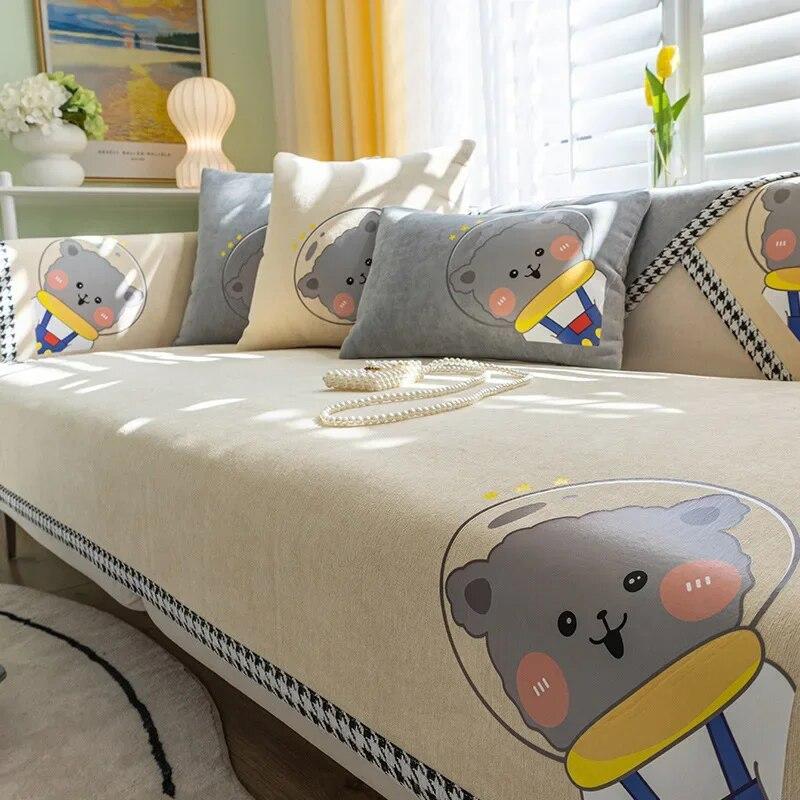 Modern Universal Chenille Sofa Cover Sofa Pad Solid Color Cute Bear Sofa Mat for Living Room Non-Slip L Shaped Couch Cushion
