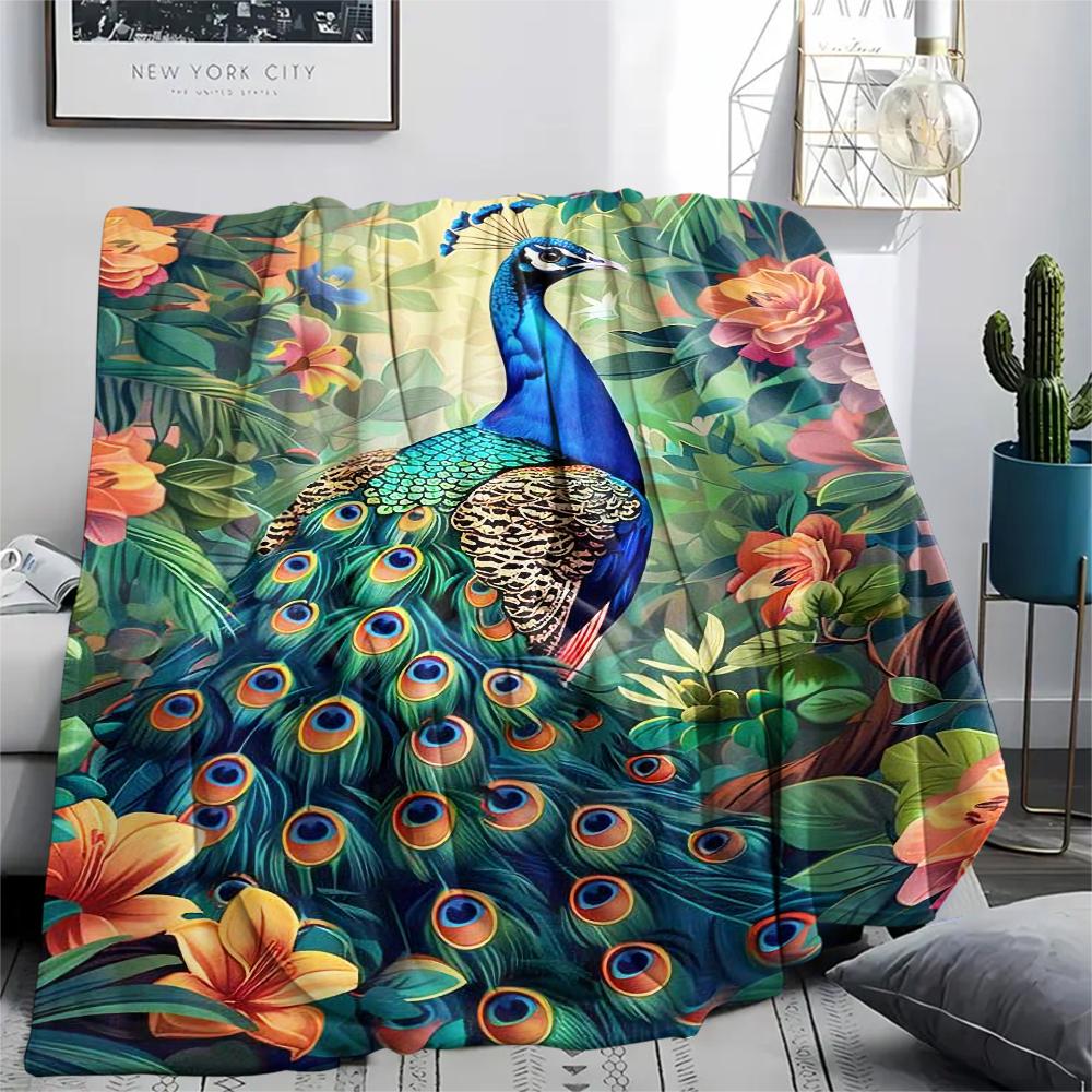 1Pc Peacock Oil Painting Print Flannel Blanket, High Quality Comfortable for All Seasons, Home Decor, Warmth and Comfort, Perfect for Christmas Gifts