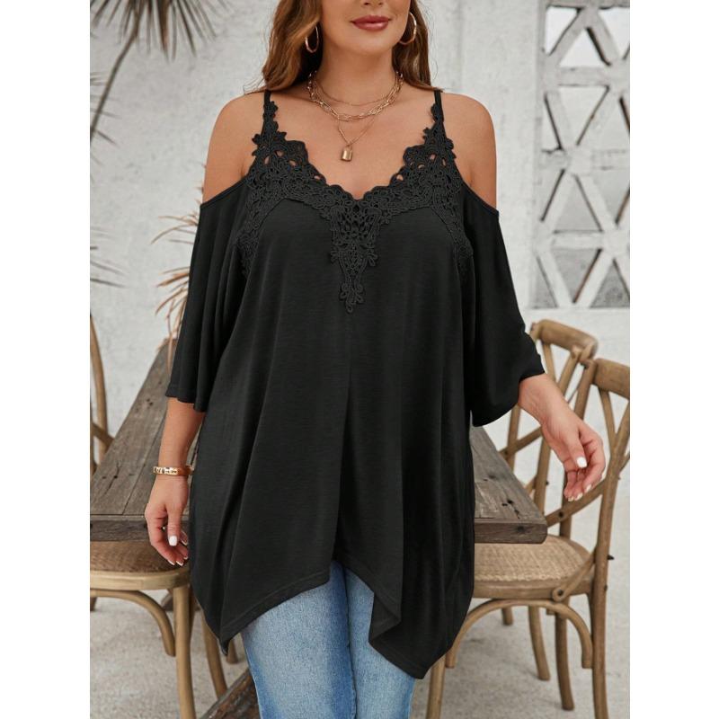 Women Loose Casual Lace Collar Floral Patchwork Off Shoulder Camisole Asymmetrical Hem T Shirt
