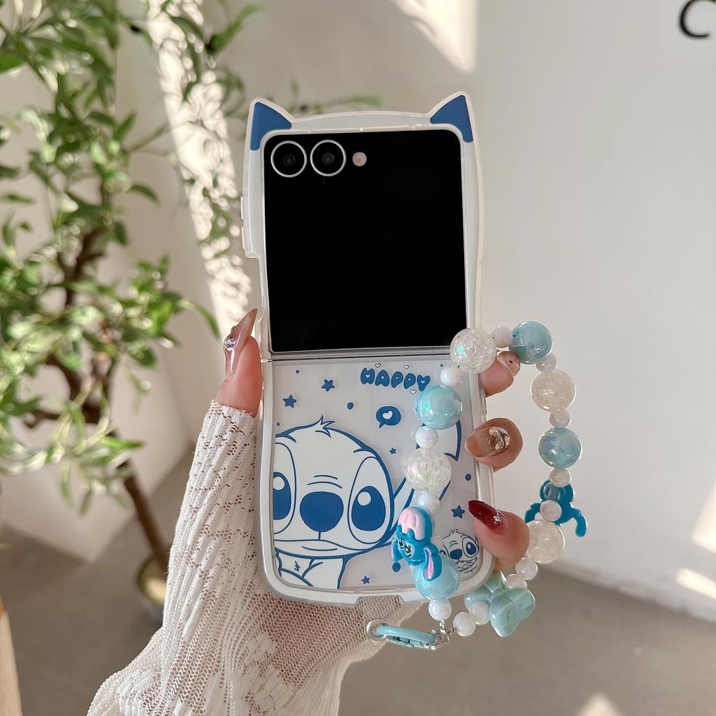 Funda de Teléfono de Dibujos Animados Stitch con Orejas de Gato 3D Kawaii para Samsung Galaxy Z Flip 3 4 5 6 7 7FE Funda Protectora con Cordón de Perlas