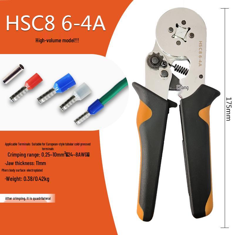 HSC8 6-4A Self-Adjusting Crimping Tool for VE Tube Terminals, 0.25-10mm Range, Quadrilateral Crimping.