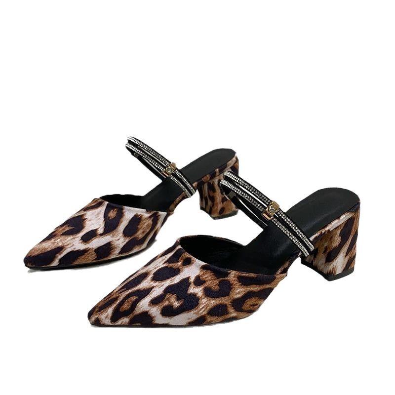 Fashion Baotou High-heeled Sandals for Women 2025 Summer New Style, Leopard Print Two-wear Pointed-toe Thick-heeled Slippers for Women