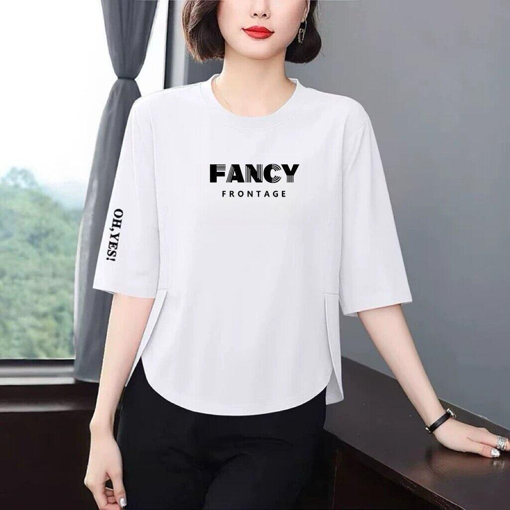 Trendy Women s Three-Quarter Sleeve Letter Print T-Shirt: Flattering, Stylish, and Versatile Mid-Aged Top L