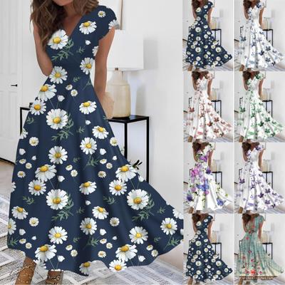 Women's Casual Long Chiffon Maxi Dress Solid Color V Neck Ruffled Short Sleeve Swing Dress Outdoor Daily Date Mature Elegant