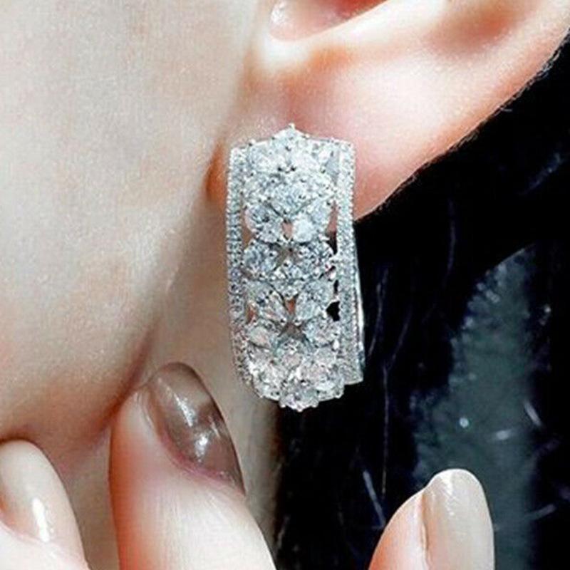 Exquisite Women's Silver Color Rectangular Earrings Vintage Flower Engagement Wedding Earrings Fashion Jewelry Gift