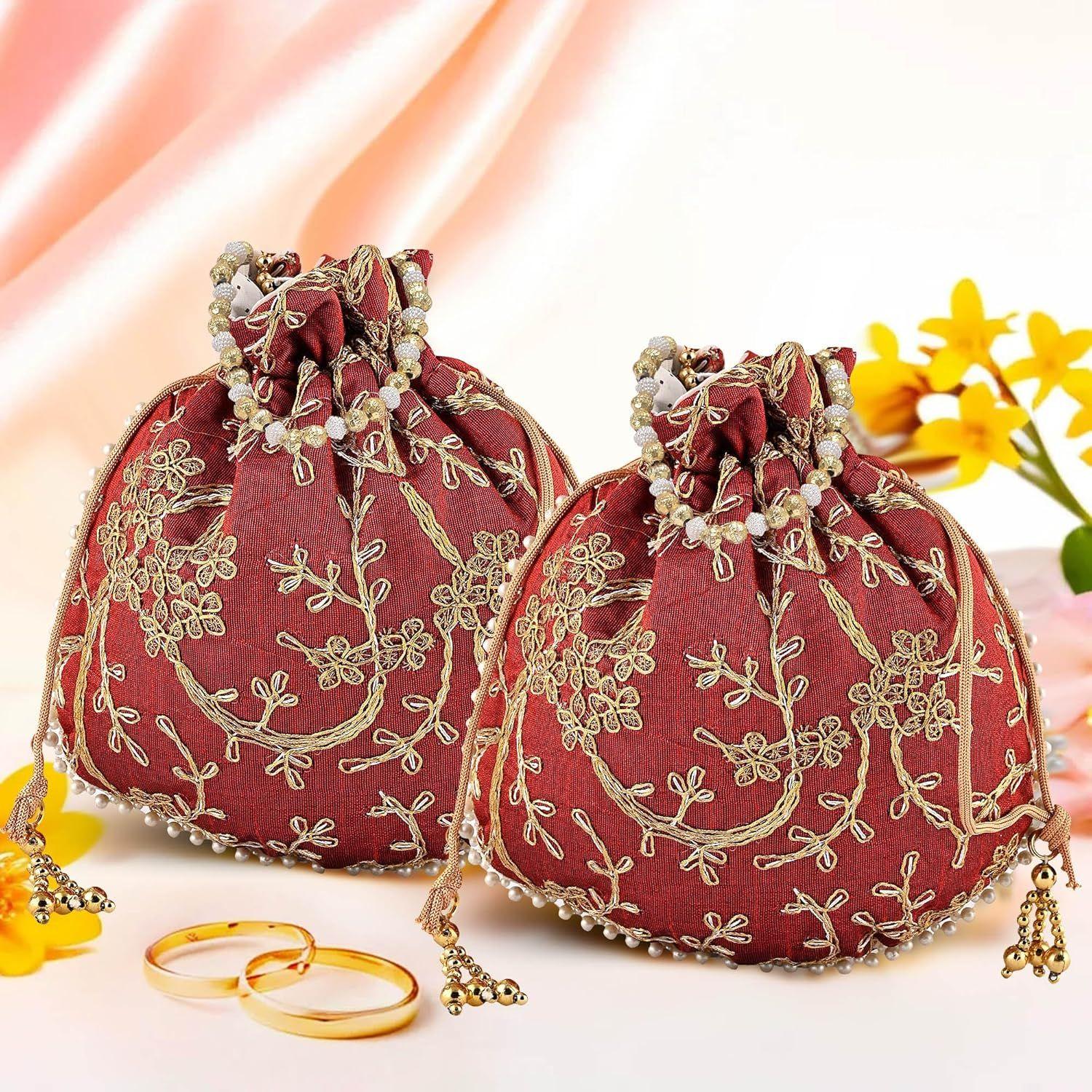 

Набор из 2 сумочек-потли для дам и девушек | Женские подарочные мешочки для праздничных сезонов | Вышитый кошелек-батва | Свадебный кошелек - Бордовый