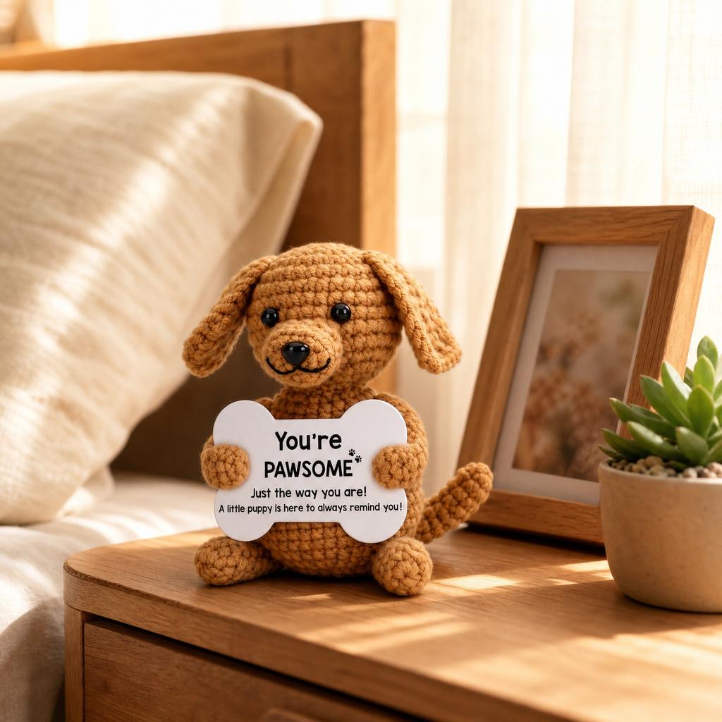 Handgehäkelte Hundefigur mit Knochenförmigem Schild Kleine Haustierdekoration Geschenk für Hundeliebhaber Einzigartiges Sammlerstück