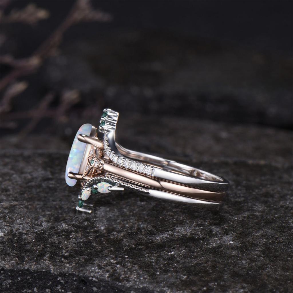 3Pcs/Set Fashion Rose Gold Color Rhinestone Opal Rings For Women Green Crystal Rings Set Wedding Engagement Jewelry Gifts