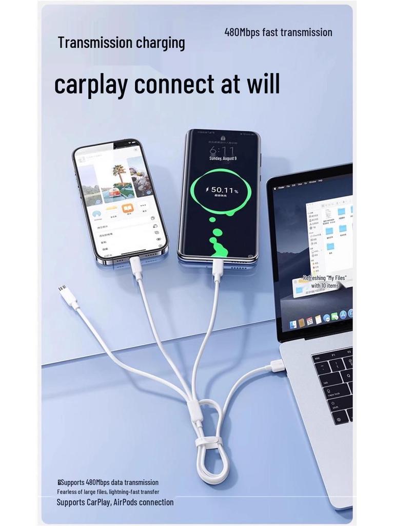 Retractable 3-in-1 Braided Multi-Head Charging Cable for Super Fast Charging