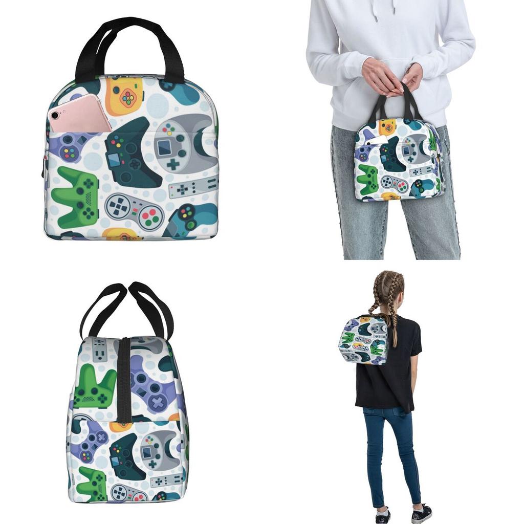 Cartoon Game Console Pattern Insulated Lunch Bags Cooler Bag Reusable Portable Tote Lunch Box Food Handbags Work Outdoor