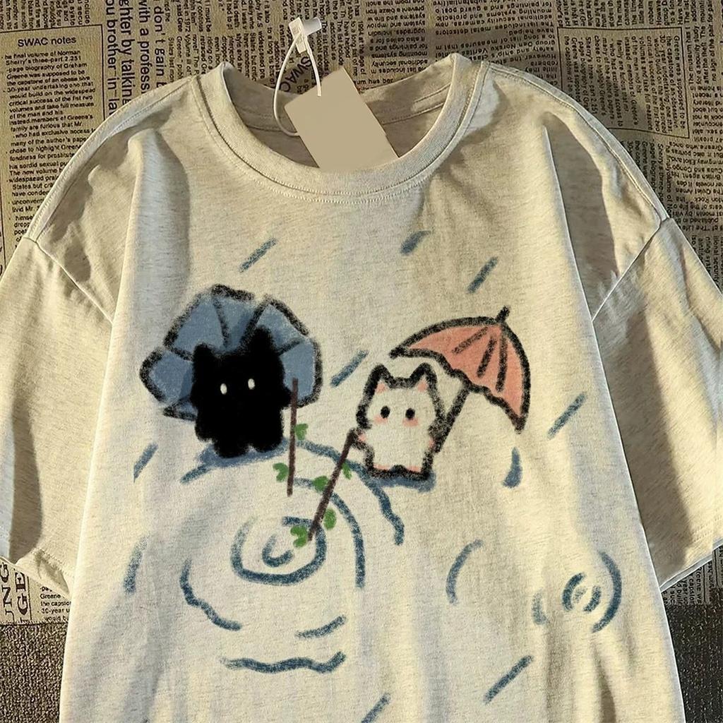 Shortsleeved Tshirt With A Cute Black And White Japanese Cat Pattern A Summer Shortsleeved Topunisex Clothing Graphic Tshirts