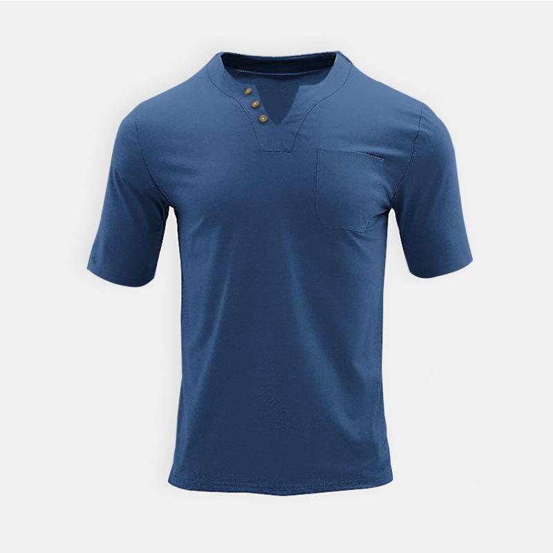 Summer Men's Thin V-Neck Solid Color Casual Breathable Short Sleeve T-Shirt With Pocket