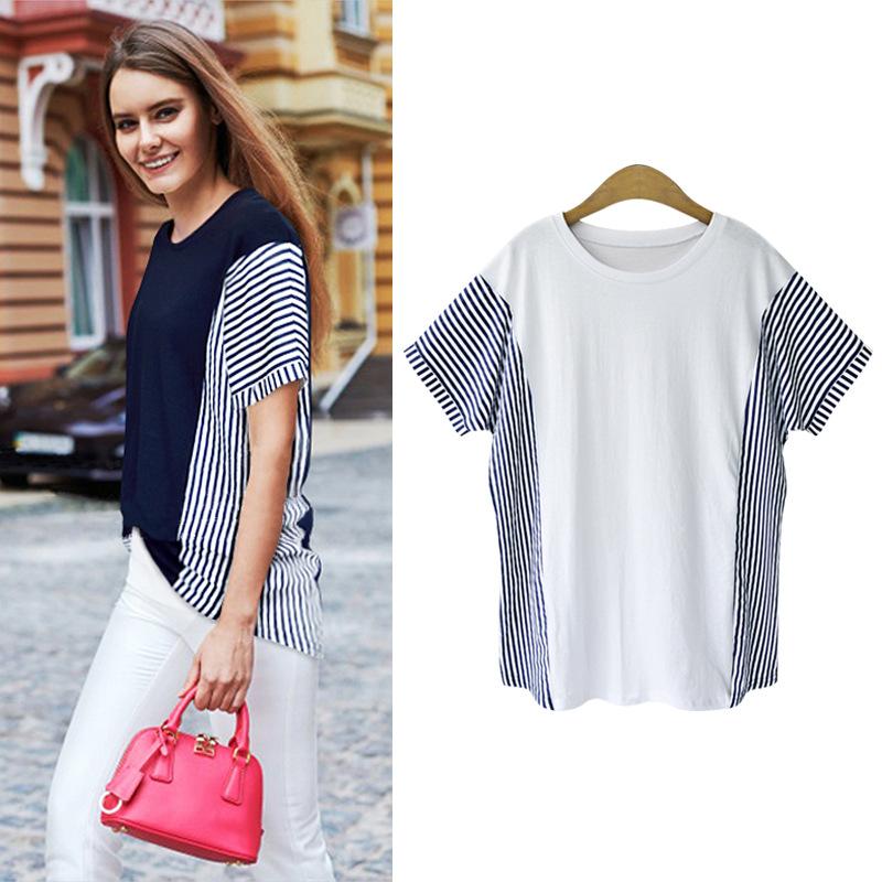 Summer Women's Striped Short-sleeved T-shirt Thin Loose-fitting Large-size Women's Top 200 Kilogram Fat Mm Slim Shirt